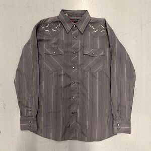 Y2K Attrak Jeans Mens Grey Pinstripe Embroidered Western Pearl Snap Shirt Medium